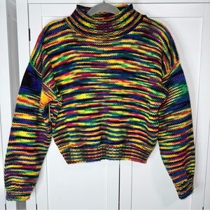 FaBE Vtg Knit Sweater Women’s M Rainbow Striped Mock Neck Cropped 80s 90s Y2K